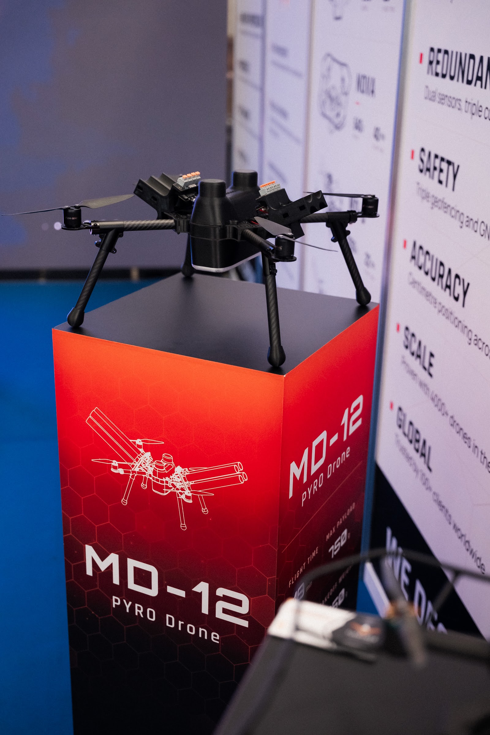 The MD-12 Pyro Drone on display at the FLYSTACK stand at BIAS 2026