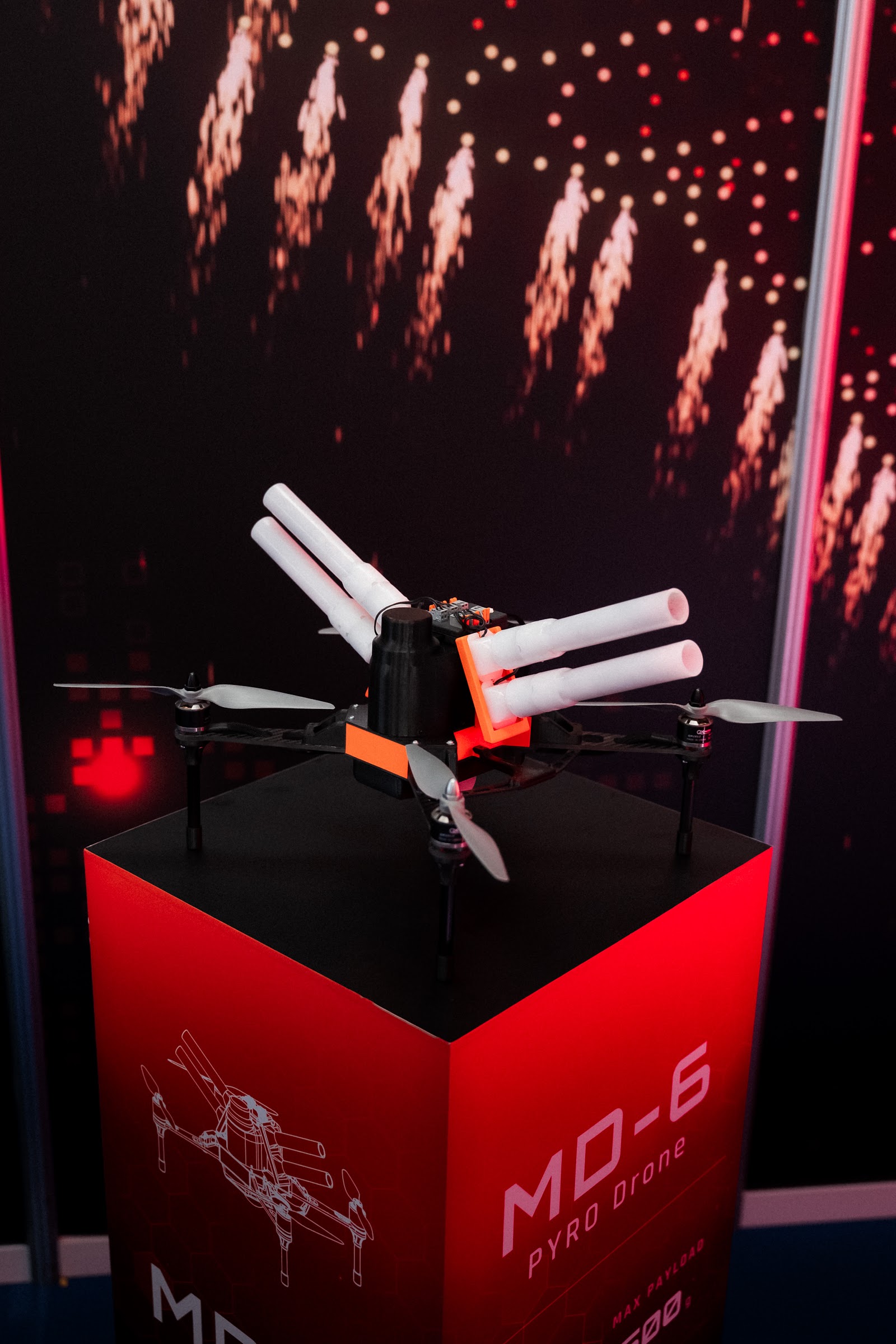 The MD-6 Pyro Drone with pyrotechnic tubes fitted, at the FLYSTACK stand at BIAS 2026