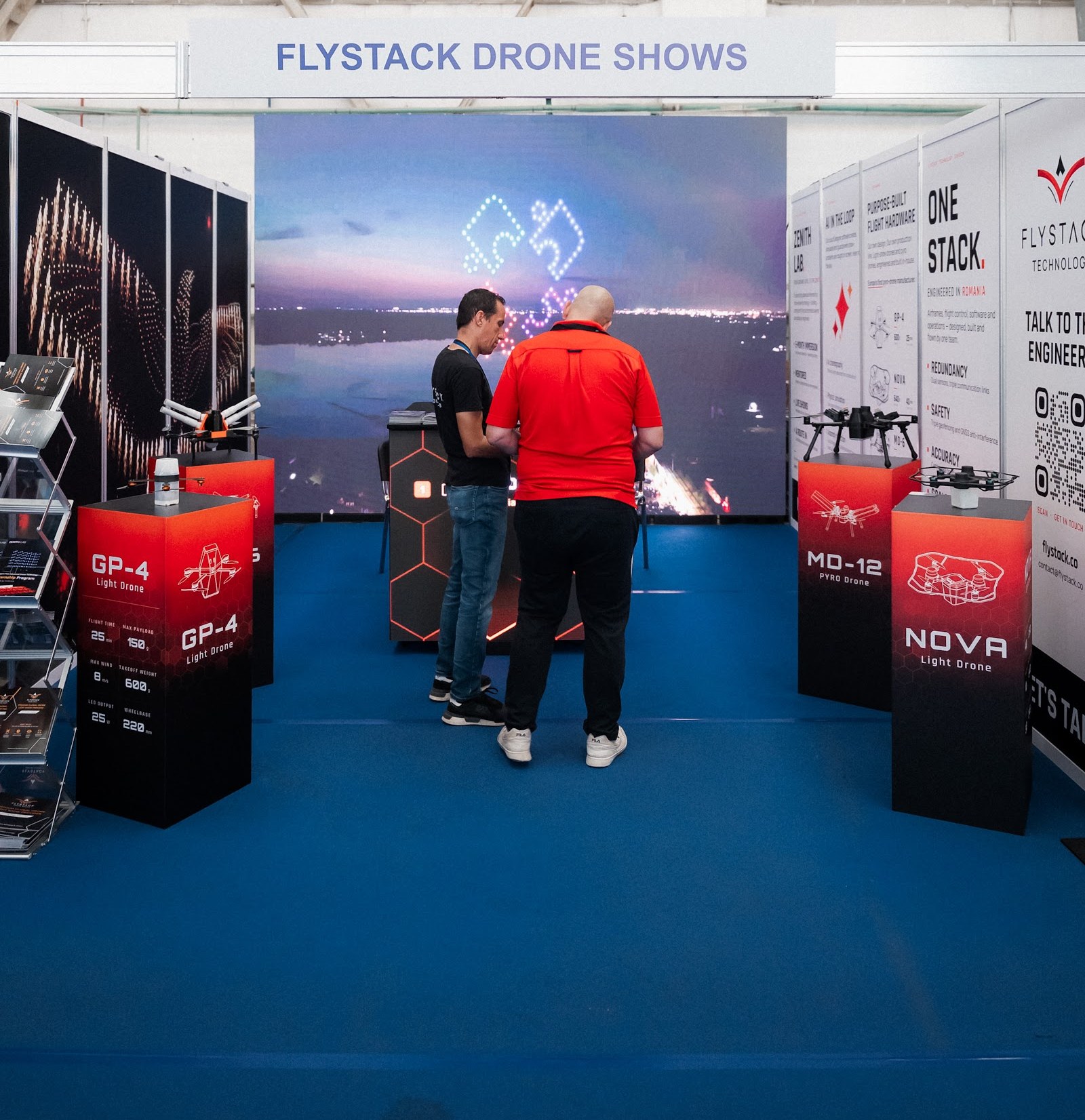 The FLYSTACK Drone Shows stand at BIAS 2026, with the LED wall and the GP-4, NOVA and MD-12 totems